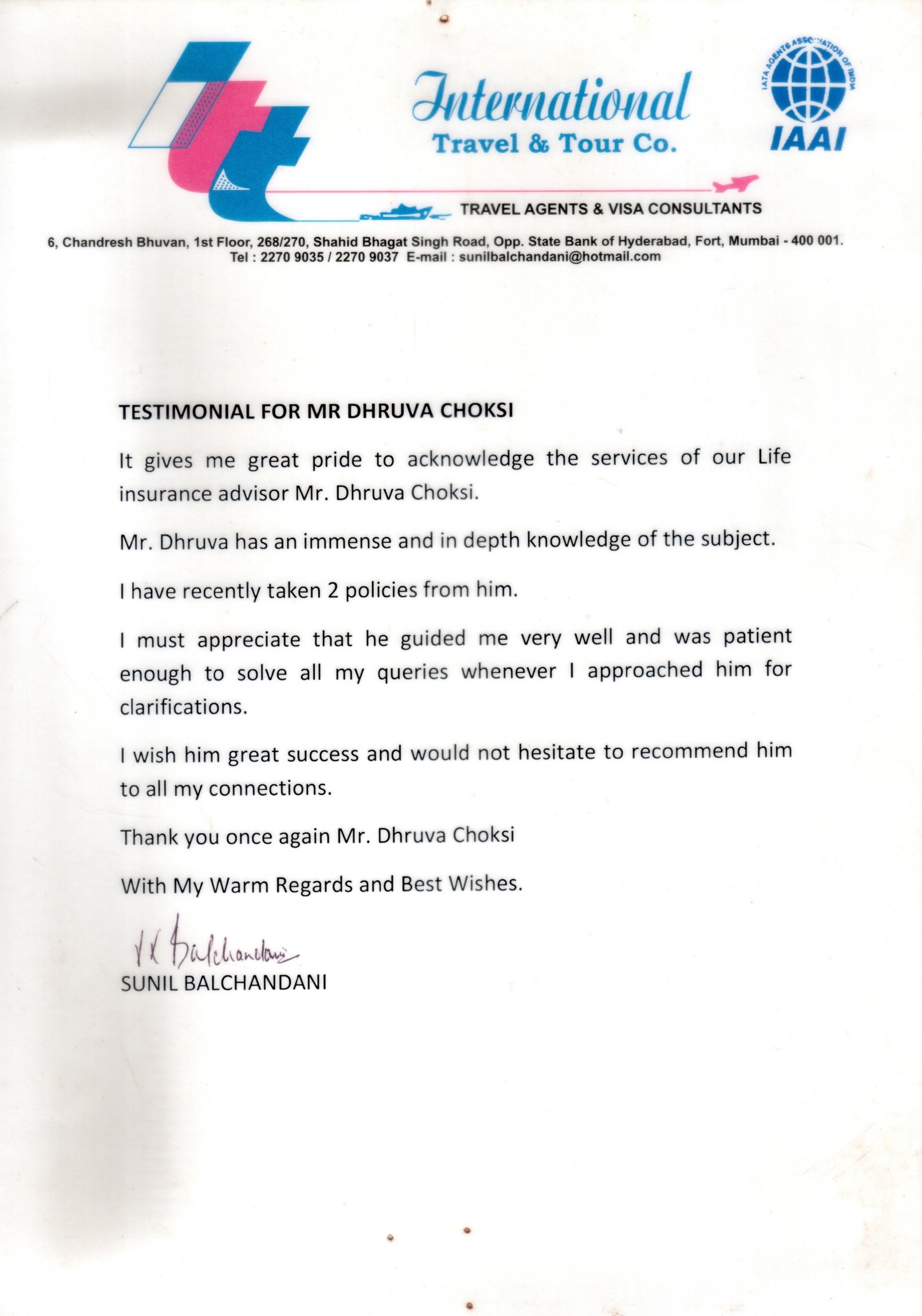 Testimonial letter from Sunil Balchandani, International Travel & Tour Co.